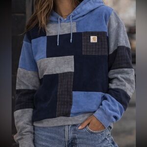 Carhartt Upcycled Handmade Patchwork Fall Flannel Blue Gray Relaxed Baggy Hoodie